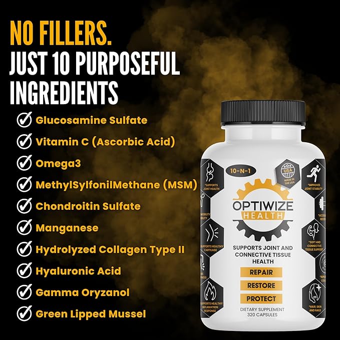 10-in-1 Joint Support Hydrolyzed Collagen,MSM, Hyaluronic Acid, Glucosamine,Chondroitin & More- Targets Joint Discomfort, Improves Mobility & Flexibility 320 Caps for Men & Women Made in USA