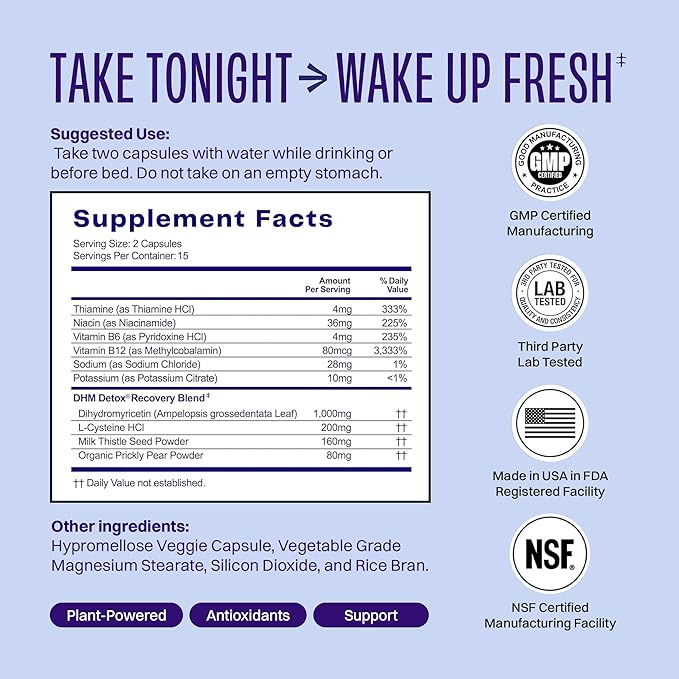 No Days Wasted DHM Detox, 120 Capsules (60 Servings) - Jar - Take During Evening for Better Next Day and Recovery