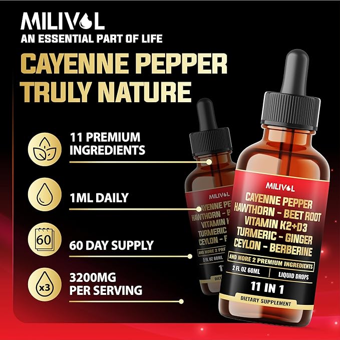 11in1 Cayenne Pepper Liquid Drops with Hawthorn Berry, Vitamin D3 K2, Beet Root, Garlic, Ginger, Ceylon Cinnamon, Turmeric, Berberine and Bitter Melon - 60 Days Supply - 2Fl Oz
