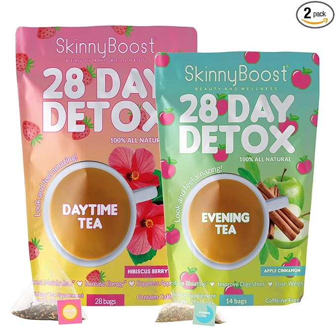 Skinny Boost Detox Tea Kit Slimming Tea for Weight, Metabolism, Energy, Bloating & Colon Cleanse – Green Tea, Herbal, Vegan, Keto, Non-GMO, Sugar-Free-2 PACK –1 Daytime Hibiscus (28 Bags) + 1 Evening Apple -(14 Bags)