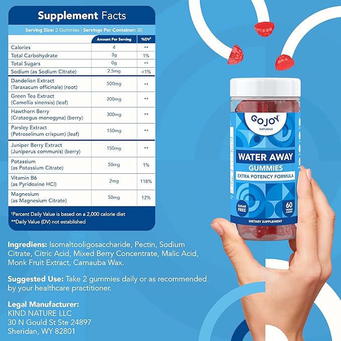 GOJOY Water Away Gummies – Natural Diuretic Support for Water Retention & Hydration Balance – Herbal Formula with Dandelion – 60 Vegan Gummies
