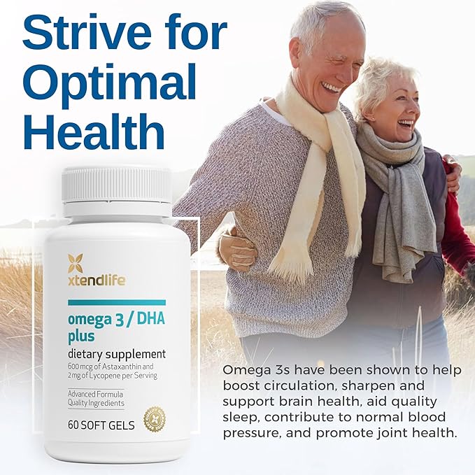 Xtendlife Omega 3 DHA Plus Fish Oil Supplement - 1100mg Omega-3 with DHA and EPA - Includes Lycopene and Astaxanthin to Support Heart, Brain, Eye, and Skin - 1 Month Supply (60 Count)
