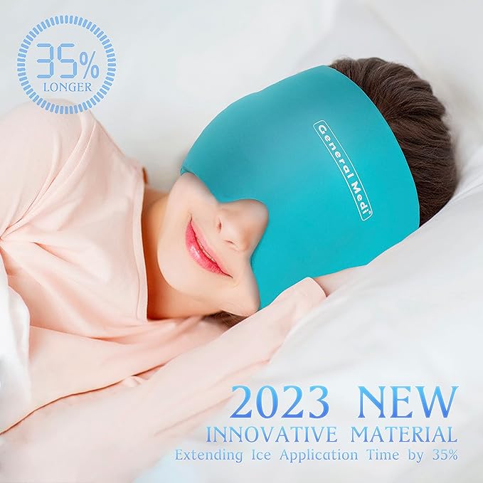General Medi Headache & Migraine Ice Wrap Cap, Cold Therapy Migraine Relief Hat, Headache Ice Hat Cold Compress, Great for Puffy Eyes, Tension, Sinus & Stress Relief (Blue)