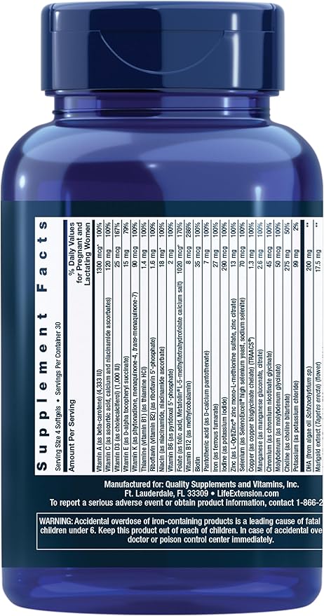 Life Extension Prenatal Advantage, Women’s multivitamin, Baby Support, folic Acid, Choline, omega-3s, Vitamin C, D3, B1, B6, B12, zinc, niacin, Gluten Free, Non-GMO, 120 softgels