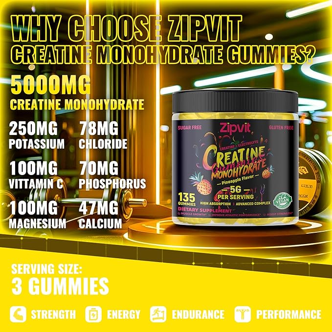 Zipvit Creatine Monohydrate Gummies (5g) – Pre-Workout Energy & Muscle Growth Support for Men & Women | Pineapple Electrolyte Gummies (135 Count)