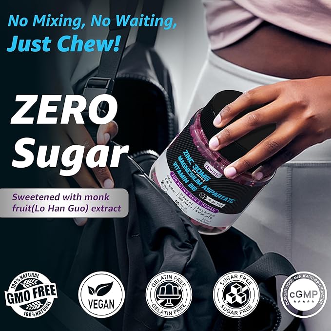 Zinc and Magnesium Supplement, Zinc Magnesium Aspartate Post Workout Gummies for Men Women, with Vitamin B6, B12, D3, Turmeric for Nighttime Recovery, Reduce Fatigue, Boost Immunity & Sleep, 120 Count