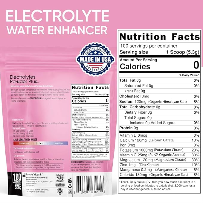 PowderVitamin Electrolytes Powder Plus (100 Servings) Raspberry Lemonade Electrolyte Powder, Zero Calorie, Keto, Zero Sugar, No Maltodextrin, 1000mg Potassium,120mg Calcium,120mg Magnesium, Hydration