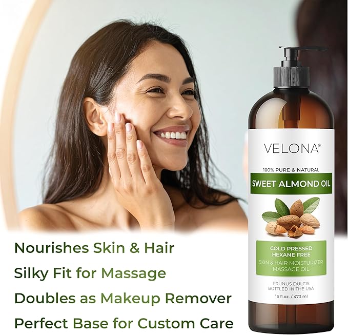velona Sweet Almond Oil - 64 Fl Oz | 100% Pure and Natural Carrier Oil |Cold Pressed | Skin, Hair, Body & Face Moisturizing | Use Today - Enjoy Results…
