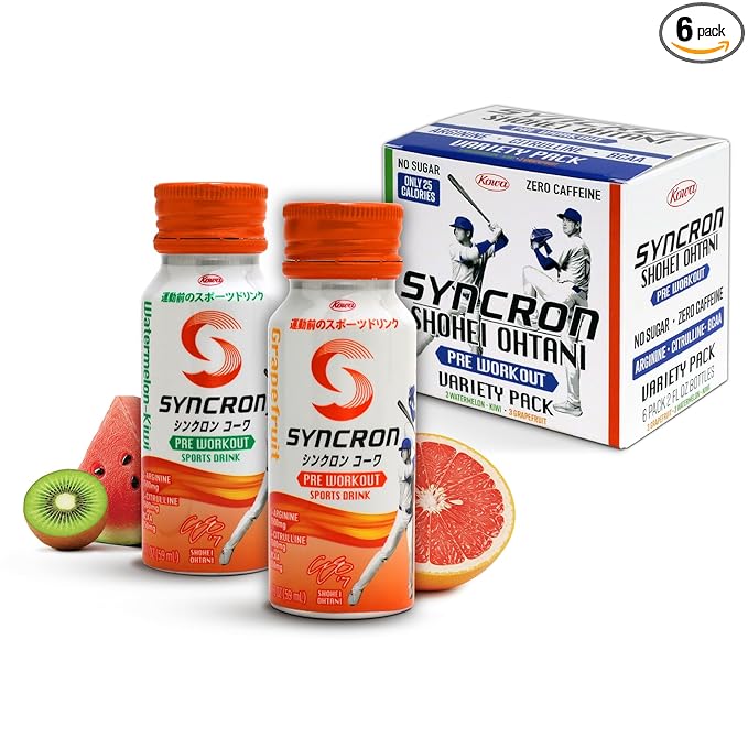 Syncron Pre Workout Sports Drink Endorsed by Shohei Ohtani, Aluminum Bottled, Sugar Free Energy Drink, L Arginine, L Citrulline & BCAAs, Energy Shot, Watermelon Kiwi & Grapefruit, Variety 6 Pack, 2 oz