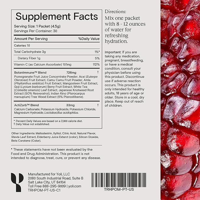 Yoli® Truth Antioxidant and Immune Support Supplement with Vitamin C, Botanicals, Superfruits, and Minerals - Pomegranate, 30 Packets