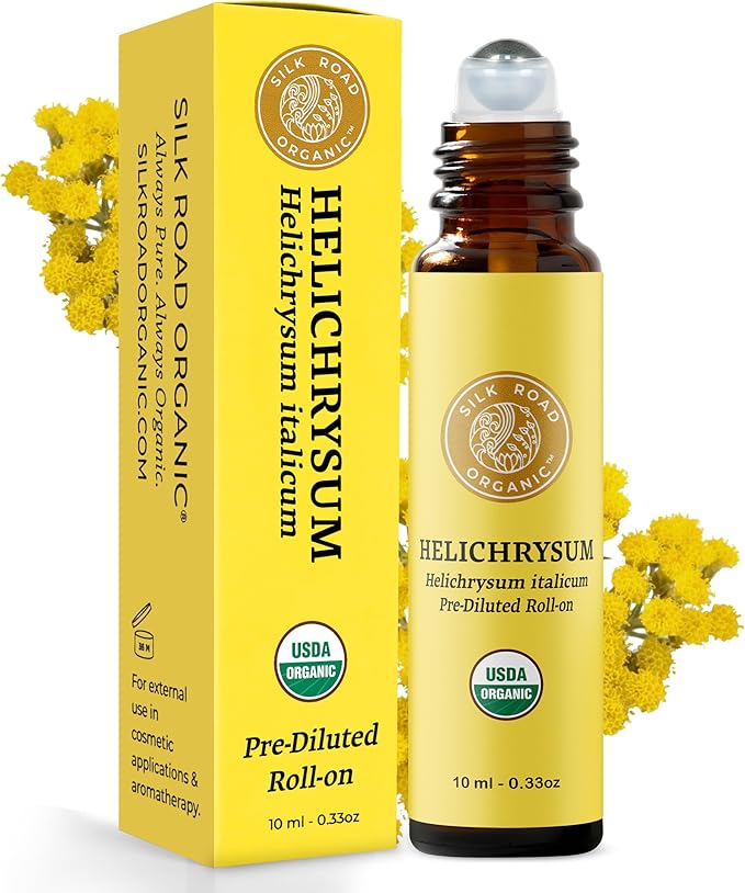 Silk Road Organic Helichrysum Italicum Essential Oil Roll On, 100% Pure USDA Certified Aromatherapy for Skin Vitality & Anti-Aging - 10 ml Roller - Always Pure, Always Organic