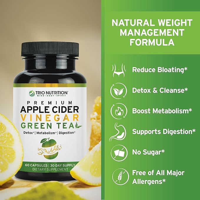 TRIO NUTRITION Apple Cider Vinegar Capsules with Green Tea - Natural Sugar Free Apple Cider Vinegar Pills with The Mother for Body Cleanse, Immune, Weight Management & Metabolism Booster*