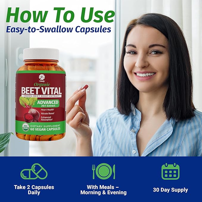 1 Body Beet Vital, Organic Beetroot Capsules for Circulation, Energy, & Stamina, Nitric Oxide Booster Beets Supplements with 1360mg Beetroot Extract, Vegan, Non-GMO - Beet Root Supplements, 60 Count