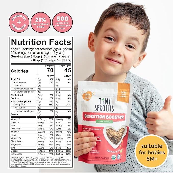 Organic Milled Chia & Flax Seed Digestion Blend with Vitamin D + PROBIOTICS Prebiotic Fiber Superseeds for 6M+ Babies Toddlers & Kids for Digestive Support (Apple & Cinnamon, 7oz x 1 Pack)