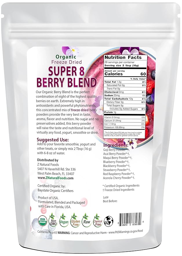 Z Natural Foods Super 8 Berry Blend - Organic Freeze Dried Berry Powder, Fruit Superfood Powder - Delicious Powdered Fruit Berry, Antioxidant Powder for Smoothies, Yogurts, Healthy Drink Mix, 1 lb