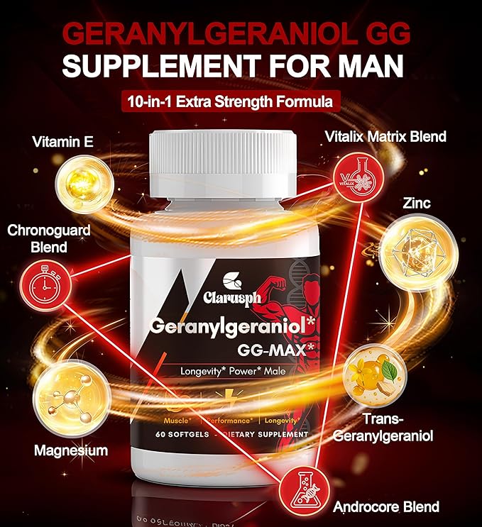 Energy Supplement Geranylgeraniol GG 300mg, Trans-Geranylgeraniol Supplement with Vitamin E for CoQ10, Annatto-Derived GG - Energy Supplements for Men, 60 Softgels