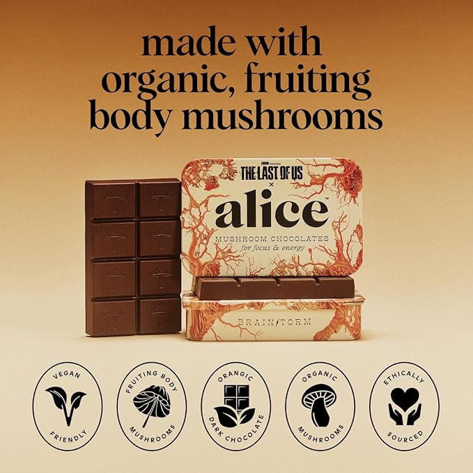 Alice Mushrooms x HBO’s The Last of Us Brainstorm | Mushroom Chocolates | Energy Bites for Focus, Clarity & Cognitive Function | Lions Mane, Cordyceps Mushrooms, Natural Caffeine | 2 Pack