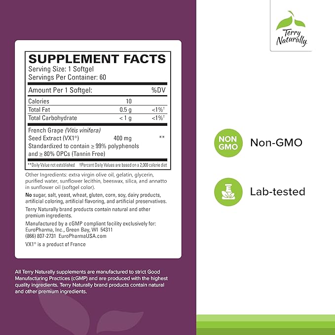 Terry Naturally Clinical OPC Extra Strength - Healthy Heart & Artery Support - Aids Brain Health & Function for Focus and Concentration - Offers Antioxidant Activity - 400 mg, 90 Softgels