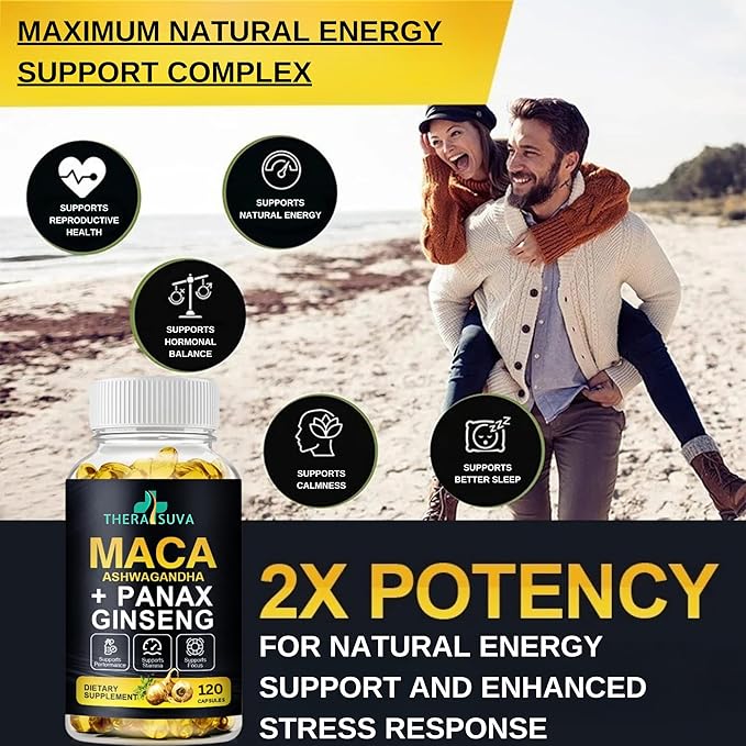 3 in 1 Ashwagandha + Maca Root + Panax Ginseng - Natural Supplement for Energy, Stamina, and Stress Support, 120 Softgels