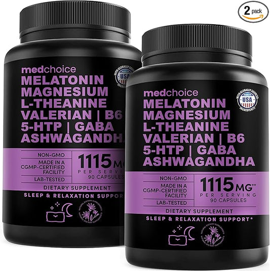 12-in-1 Melatonin Sleep Capsules - Natural Sleep Aids for Adults with Melatonin 5mg and Magnesium Glycinate 500mg, Sleep Aid with Ashwagandha, L Theanine, Valerian Root, GABA, 5-HTP (90ct, Pack of 2)