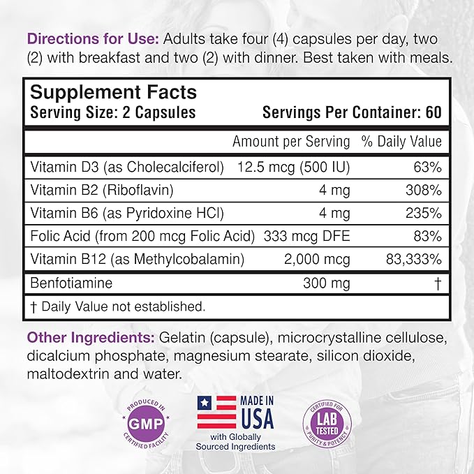 Nerve Support Formula. Nutritional Support of Neuropathy, Nerve Relief from Aches, Nerve Pain & Discomfort. B-Complex with Benfotiamine and Methyl B12. 120 Capsules