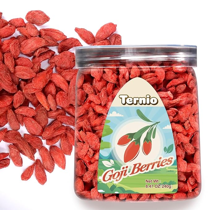 Ternio Organics Goji Berries - 8.47oz/240g - 100% Natural Goji Berries - No Sulfates and Additives - Large Berries - Suitable for Making Goji berry tea, Powder, Oat Food and Snacks.