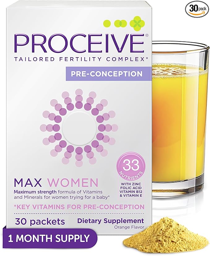 Proceive Max Tailored Fertility Supplement for Women, Pre Conception Vitamins, Minerals, and Amino Acids with Vitamin D, Zinc, Myo Inositol, and Folate, 30 Vegan Drink Mix Packets, Orange Flavor