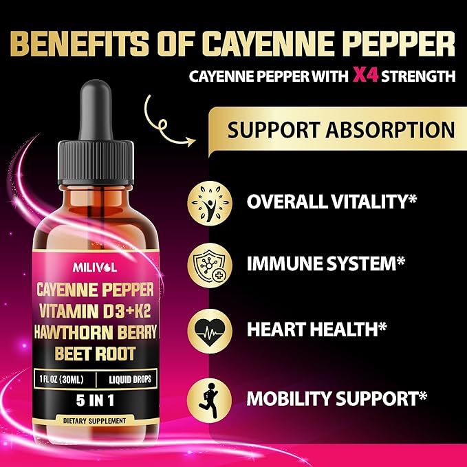 5in1 Cayenne Pepper Liquid Drops with Vitamin D3, Vitamin K2, Hawthorn Berry and Beet Root - Digestion Support - 1 FL Oz - 60 Days Supply