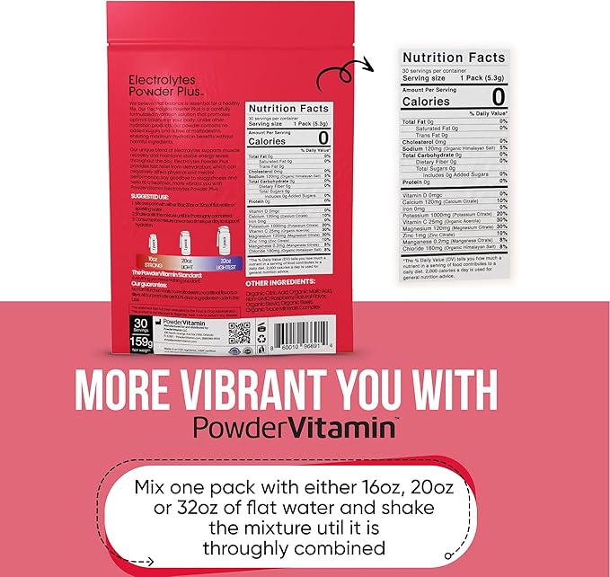 PowerVitamin Electrolytes Powder Packets - Raspberry - Keto Electrolytes for Daily Energy - Hydration Powder with 1000mg Potassium, 120mg Magnesium, Zero Calories - 30 Hydration Packets