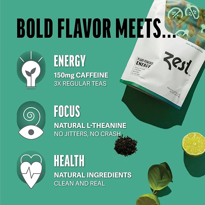 Zest 150mg High Caffeine Energy Loose Leaf Blend - Earl Grey Black Tea - 4 Oz - Hot or Iced - All Natural Strong Flavored Healthy Coffee Alternative Highly Caffeinated Substitute - Perfect for Keto