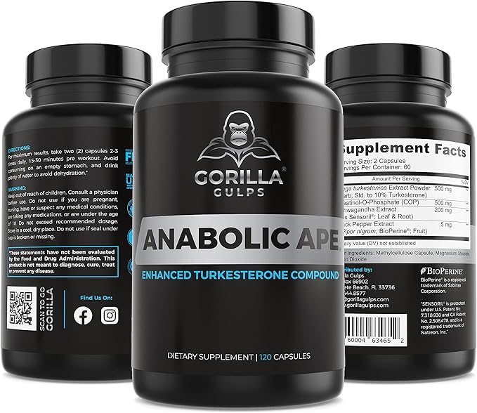 | Anabolic Ape – Enhanced Turkesterone Compound | Turkesterone, Creatinol-O-Phosphate, Ashwagandha, Bioperine | Lab Tested | 120 Vegan Capsules | Max Strength