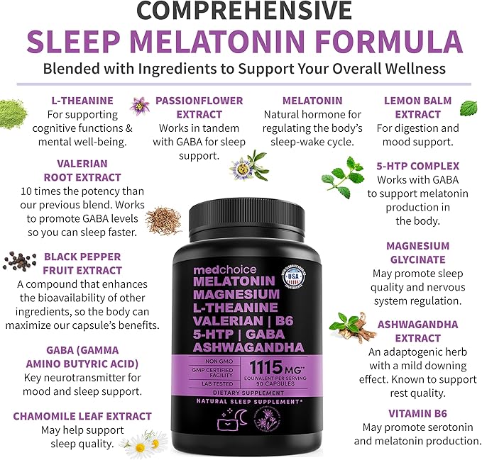 12-in-1 Melatonin Sleep Capsules - Natural Sleep Aids for Adults with Melatonin 5mg and Magnesium Glycinate 500mg, Sleep Aid with Ashwagandha, L Theanine, Valerian Root, GABA, 5-HTP (90ct, Pack of 3)