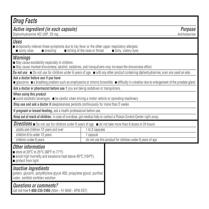 A+Health Allergy Relief Dye-Free Diphenhydramine 25mg Softgels, for Relief of Allergy Symptoms Like Runny Nose, Sneezing, Itch of The Nose or Throat, Itchy, Watery Eyes, 48 Count