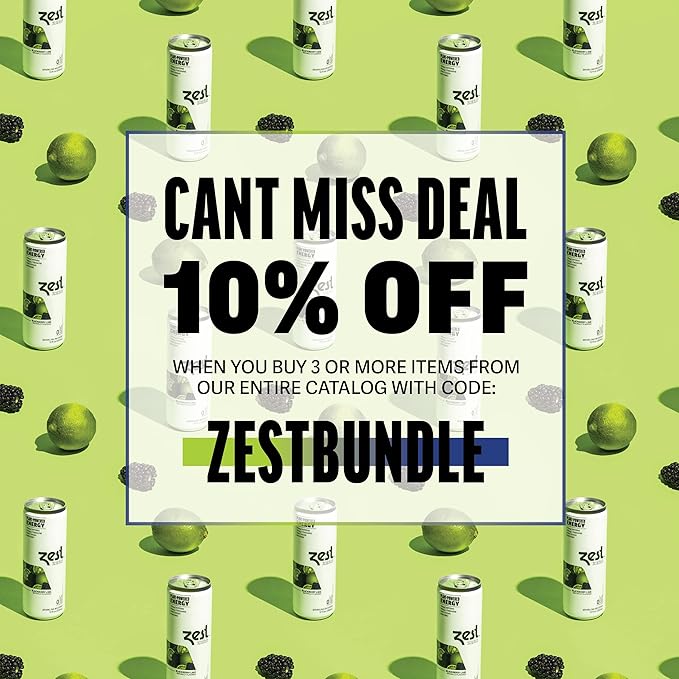 Zest Clean Energy Drink – Blackberry Lime – Zero Sugar, 0 Calories – 120mg Caffeine + 100mg L-Theanine for Focus, Energy & Concentration – Healthy Zero Sugar Energy Drink – 12oz Can, 12 Pack