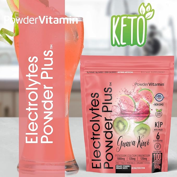 PowderVitamin Electrolytes Powder Plus (100 Servings) Guava Kiwi Electrolyte Powder, Zero Calorie, Keto, 0 Sugar, No Maltodextrin, 1000mg Potassium, 120mg Calcium, 120mg Magnesium, Hydration Powder