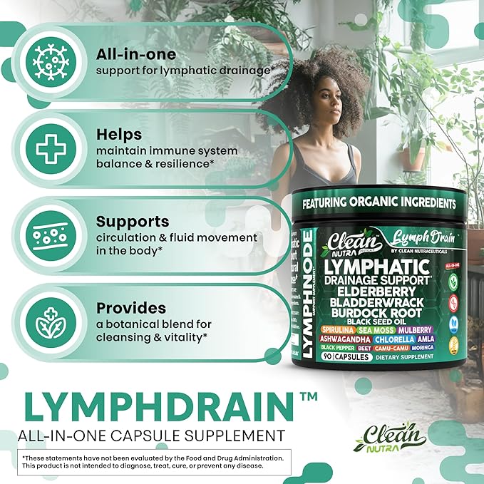 Organic Lymphatic Drainage Supplements | Elderberry Bladderwrack Burdock Root Black Seed Oil Spirulina Sea Moss Ashwagandha Chlorella Amla Beet Moringa Chlorophyll Lymph System Capsules By Clean Nutra