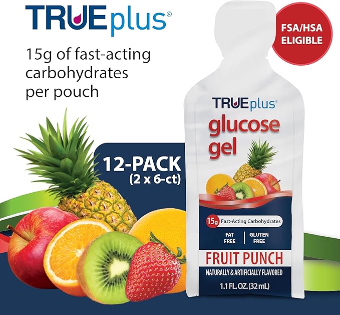 TRUEplus Glucose Gel Pouch, Fruit Punch Flavor, 15g Fast-Acting Carbohydrates, Fat Free, Gluten Free, Quick Support for Low Blood Sugar and Energy, 12 Pack