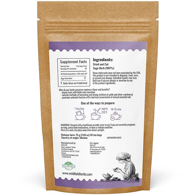 50 Bags Dried Sage Herb Herbs Tea (Salvia Officinalis) - 50 Count Tea Bags Salvia Sage