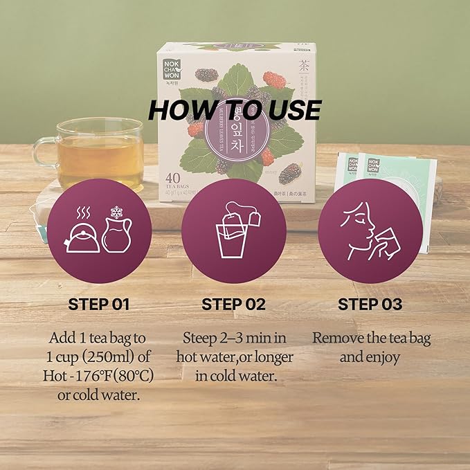 [Nokchawon] Mulberry Leaf Teabags – Naturally Caffeine-Free Mulberry Herbal Tea, 40 Tea Bags, 48g (1.69oz)