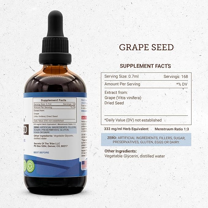 Secrets of the Tribe Grape Seed Tincture Alcohol-Free Liquid Extract, Grape (Vitis Vinifera) Dried Seed (2x4 FL OZ)