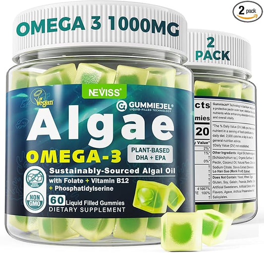 2 Pack Algae Omega 3 Gummies 1000mg, Plant Based DHA 460mg & EPA 230mg, Omega 3 Fish Oil Alternative for Adults, Plus MethylFolate, Vitamin B12, Phosphatidylserine, No Fishy Taste, Vegan, Sugar Free
