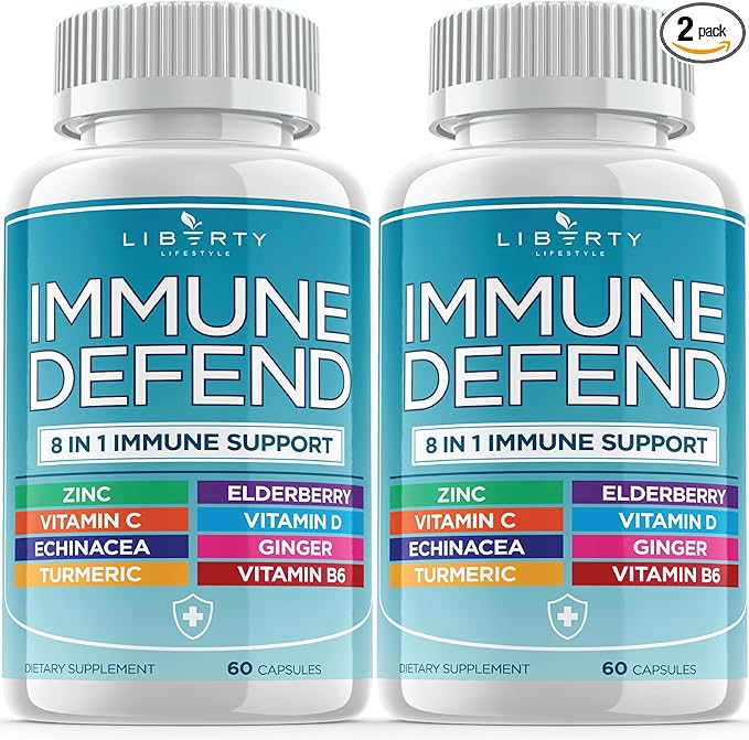 8 in 1 Immune Defense Support, Immunity Vitamins Supplement Booster with Zinc 50mg, Vitamin C Elderberry Vit D3 5000 IU, Turmeric Curcumin & Ginger, Echinacea - Allergy Relief for Kids Adults (2 Pack)