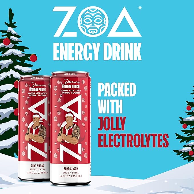 ZOA Zero Sugar Energy Drinks, Dwanta's Holiday Punch - Sugar Free with Electrolytes, Healthy Vitamin C, Amino Acids, Essential B-Vitamins, and Caffeine from Green Tea - 12 Fl Oz (12-Pack)