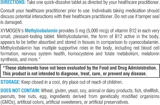 XYMOGEN Methylcobalamin 5,000 mcg - Vitamin B12 Supplement in Small, Pleasant-Tasting Tablets - Supports Healthy Methylation, Neurological Health, a Healthy Immune System (120 Tablets)