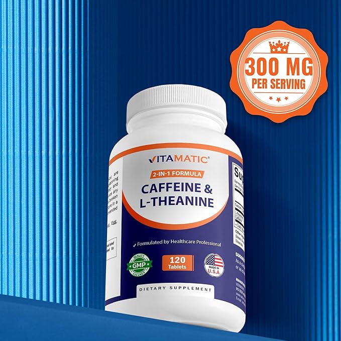 Vitamatic L-Theanine 200mg with Caffeine 100mg – 120 Vegetarian Tablets Nootropic Supplement for Focused Energy & Mental Clarity