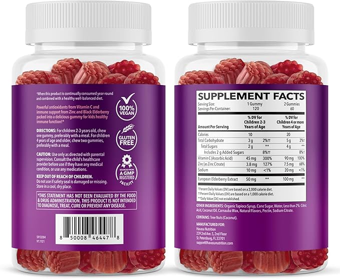 Elderberry Gummies for Kids with Zinc and Vitamin C - Immune Support Supplement for Children - 120 Count, Vegan, Berry Flavor - Convenient Daily Defense with Antioxidants and Essential Nutrients