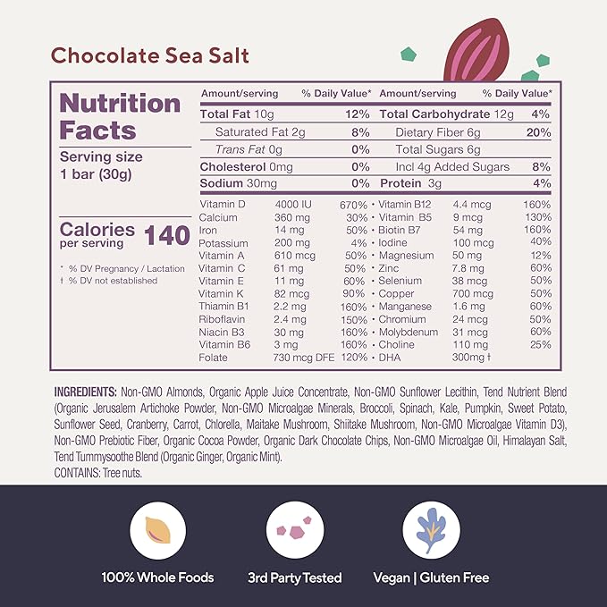Tend Daily Best Prenatal Vitamin Bar, Made with Organic Ingredients for Pregnant & Postpartum Mothers, Includes DHA, Vitamin D, B, Choline, Folate - Chocolate Sea Salt (4ct)