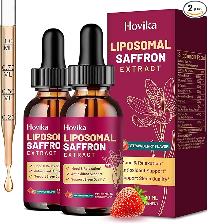 2 Pack Liposomal Saffron Supplements - 88.5mg Saffron Extract Liquid Drops with L-Theanine, Chamomile, Vitamin C, B6, B12 & D3 for Antioxidant, Immune, Mood, Energy, Focus & Sleep - Strawberry Flavor