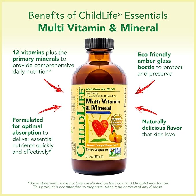 CHILDLIFE ESSENTIALS Kids Multivitamin & Mineral - Kids Vitamins, Liquid Multivitamin for Kids, Toddler Multivitamins, Liquid Vitamins, Baby Multivitamin - Natural Orange & Mango, 8 Fl Oz (Pack of 3)