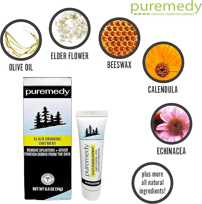 Puremedy Black Drawing Ointment- Natural Drawing Salve for Wounds, Burns, Cysts, and Skin Irritations - Organic First Aid Ointment for Adults, Kids, and Pets (0.5 oz)